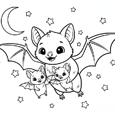 Black and white line art of a cute bat family flying together under a starry night sky, Halloween coloring page.