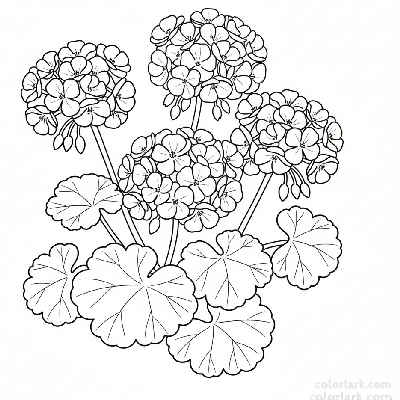 Black and white line art of a cluster of simple geranium (pelargonium) flowers grouped in a rounded head, with characteristic lobed leaves.