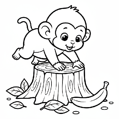 Line art of a curious baby monkey making a clumsy jump from a tree stump towards a banana on the ground.
