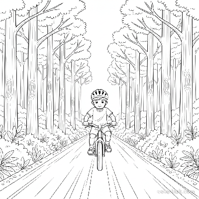 Black and white line art coloring page of a child with a helmet, confidently riding a bicycle on a wide forest access road.