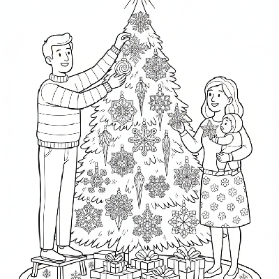 Black and white line art of a family attaching colourful (outlined) sparkly snowflake ornaments to a festive Christmas tree.