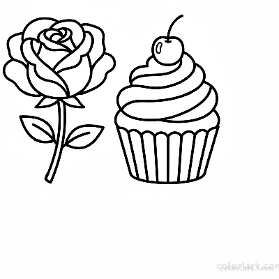 Easy rose and cupcake coloring page for sweet kids, black and white line art, simple flower and dessert drawing.