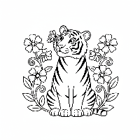 Indian tiger sitting with a butterfly on its nose, free printable coloring page.
