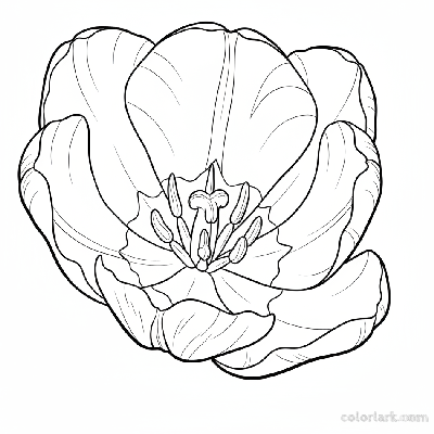 Line art illustration of a macro close-up view of tulip petals and stamen