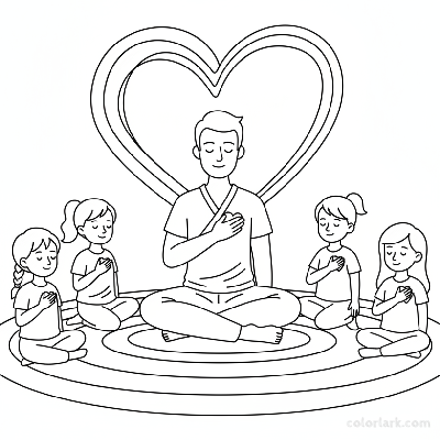 Line art of kids learning Hand-to-Heart Breath for empathy with a yoga instructor.
