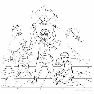 Line art of youthful Indian boys mastering kite flying on a windy Indian city rooftop, for coloring.