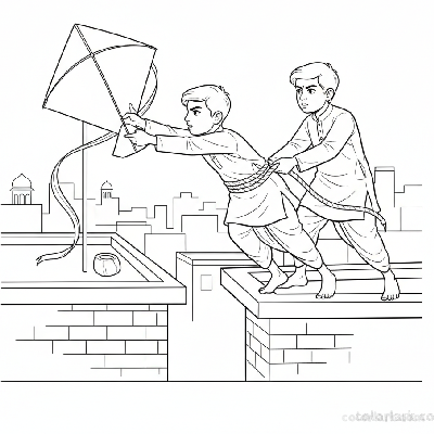 Line art of determined Indian boys retrieving a trapped kite from an Indian nearby city rooftop, for coloring.