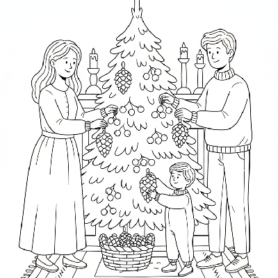 Black and white line art of a family hanging pinecone and berry ornaments on a natural-themed Christmas tree.