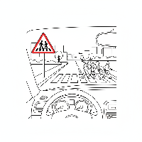 Black and white line art from a car driver's view, showing an Indian pedestrian crossing warning sign and pedestrians.