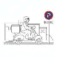 Coloring page of a delivery scooter rider avoiding an Indian No Parking sign.