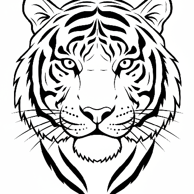 Black and white line art close-up portrait of a majestic Bengal tiger