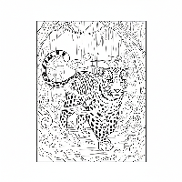 Indian leopard coloring page, misty jungle clearing, printable animal art