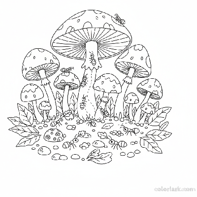 Black and white line art of a bustling mushroom patch with several ants actively working around small mushrooms, for coloring.