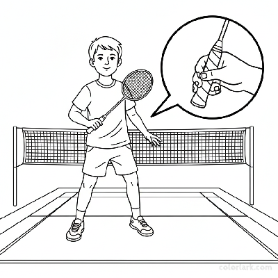 Black and white line art of a child demonstrating the correct badminton serve grip and stance.