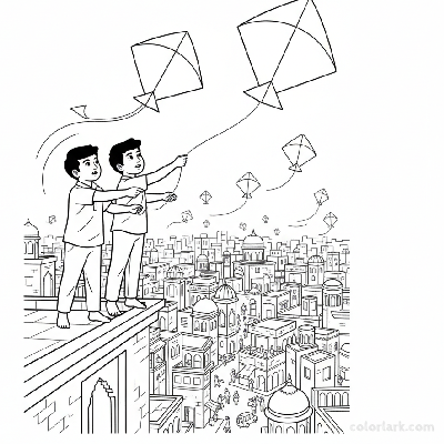 Line art of Indian boys and their paper kites soaring over an Indian bustling city, for coloring.