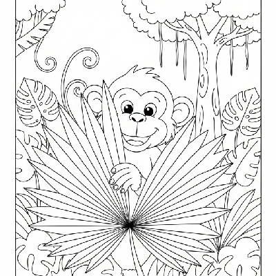 Black and white line art of a mischievous monkey peeking from behind a giant palm leaf