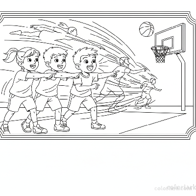 Line art of Indian children watching a fast break in street basketball, pointing and cheering.