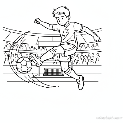 Line art of a child footballer kicking with athletic power.