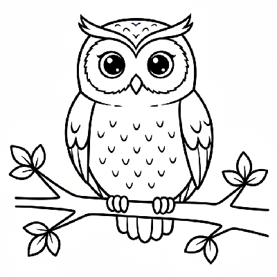 Black and white line art of a wise owl sitting on a branch, simplified for easy coloring by kids.