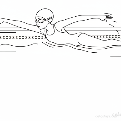 Black and white line art of a girl executing a perfect freestyle stroke in a pool, wearing a swim cap and goggles.