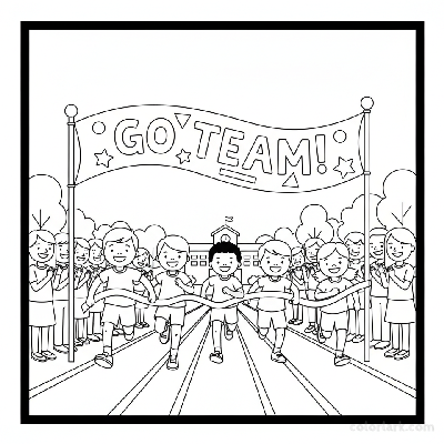 Line art of kids in a school track race sprinting to a finish line with cheering schoolmates