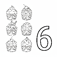 Black and white line art coloring page showing six cupcakes with the number 6.