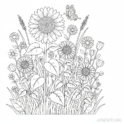 Black and white line art of a garden scene with sunflowers and a butterfly