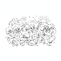 Happy children running with vibrant Holi colors, free printable coloring page.