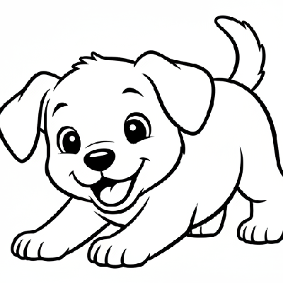 Black and white line art of a small puppy doing a playful stretch-bow, an easy coloring sheet for Indian learners.