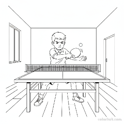 Line art of a concentrated boy practicing a backhand lift in table tennis.