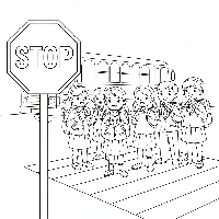 Black and white line art of school children waiting at a crosswalk near an Indian stop sign.