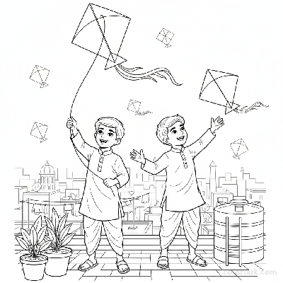 Line art of two Indian boys flying kites on a crowded Indian city rooftop, suitable for coloring.
