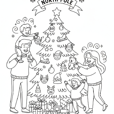 Black and white line art of parents and kids decorating a 'North Pole' Christmas tree with reindeer and elves.