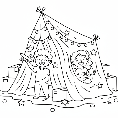 Playful children inside a festive fort adorned with Diwali decorations, peeking out and smiling, black-and-white line art