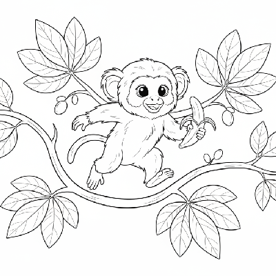Line art of an excited Marmoset monkey making a small jump between branches while eating a banana.