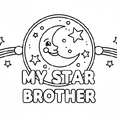 Black and white line art of a Star and Moon themed Rakhi with celestial elements, suitable for children's coloring.