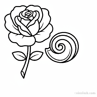 Beginner rose and seashell outline coloring page for summer, black and white line art, easy flower and marine object.