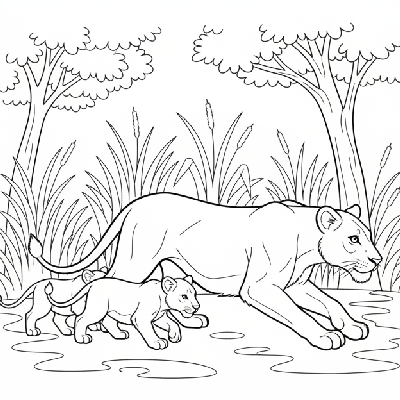 Black and white line art of a lioness teaching cubs to stalk prey in Indian jungle shadows