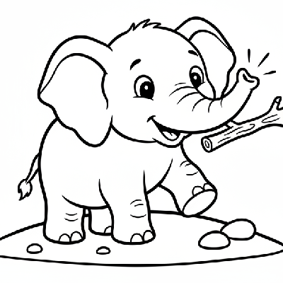 Black and white line art of an Indian elephant calf playfully attempting to play fetch with a stick.