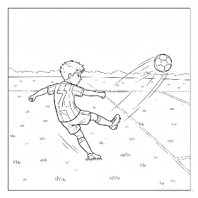 Line art of a young football ace performing a powerful strike.