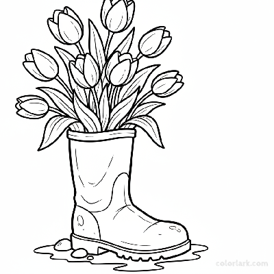 Line art illustration of tulips sprouting and blooming from an old worn boot