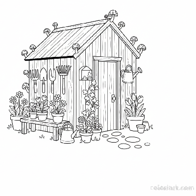 Black and white line art of a quaint garden potting shed adorned with mushrooms, garden tools, and potted plants, for coloring.