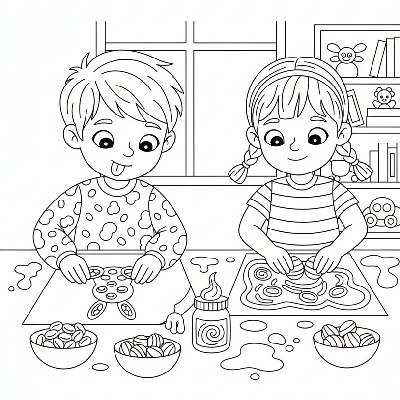 Black and white line art of two children making art on paper using various Easter candies like jelly beans and chocolate eggs.