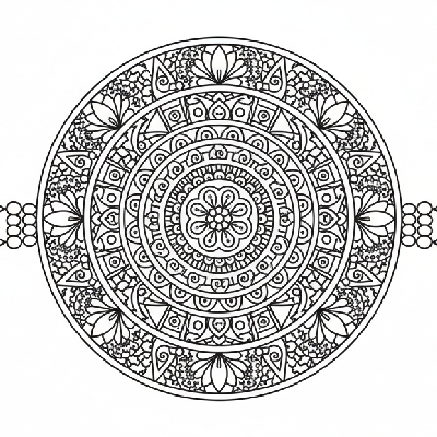 Black and white line art of an intricate Rangoli-inspired Rakhi with symmetrical geometric and floral patterns for festive coloring.
