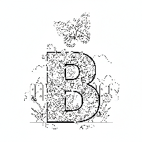 Black and white line art of a beautiful butterfly flying over the letter B.