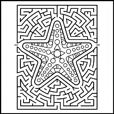 Black and white line art of a stylized starfish with geometric patterns, embedded within an intricate maze design.