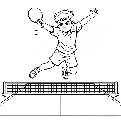 Line art of a young athlete performing a powerful forehand smash in table tennis.