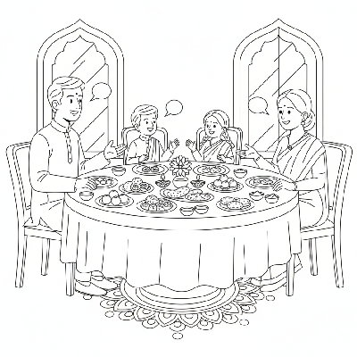 A family enjoying a grand Diwali feast together around a dining table, with various dishes, black-and-white line art