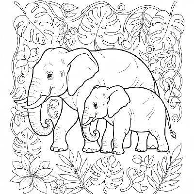 Black and white line art of an Indian elephant family walking hand-in-trunk through a dense jungle.