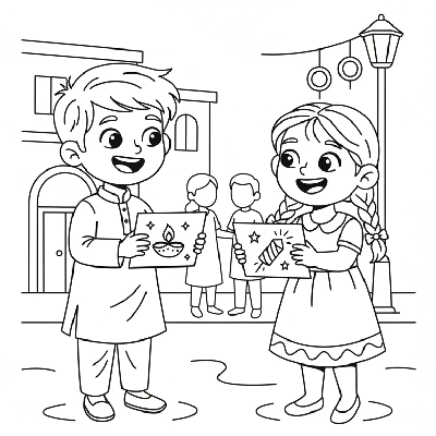 Happy children eagerly exchanging handmade Diwali greeting cards with friends, full of smiles and festive spirit, line art
